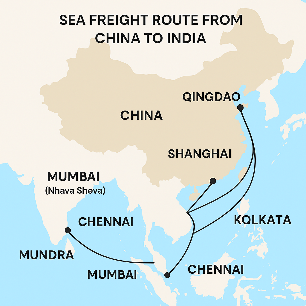 Sea freight route from China to India major ports (Shanghai, Shenzhen, Ningbo, Qingdao → Mumbai, Chennai, Kolkata, Mundra).