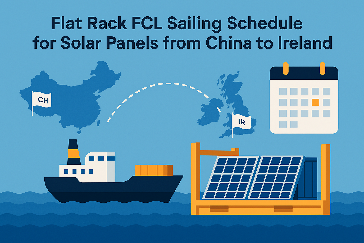 Flat Rack FCL sailing schedule for solar panels from China to Ireland