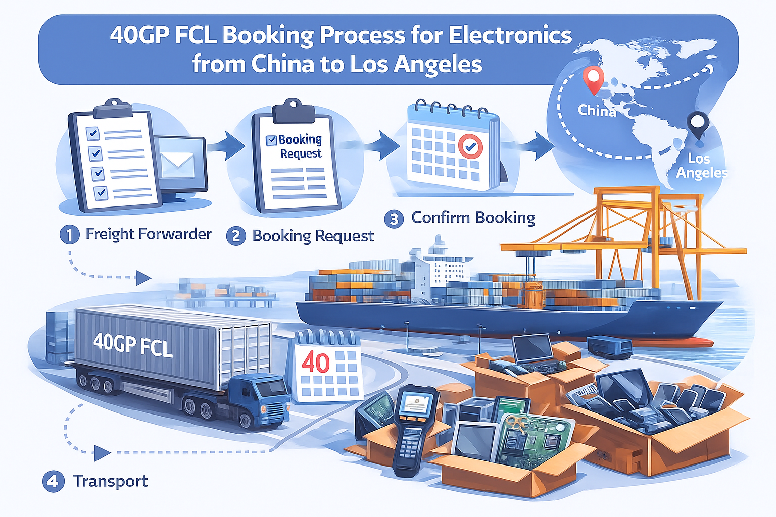 40GP FCL booking process for electronics from China to Los Angeles