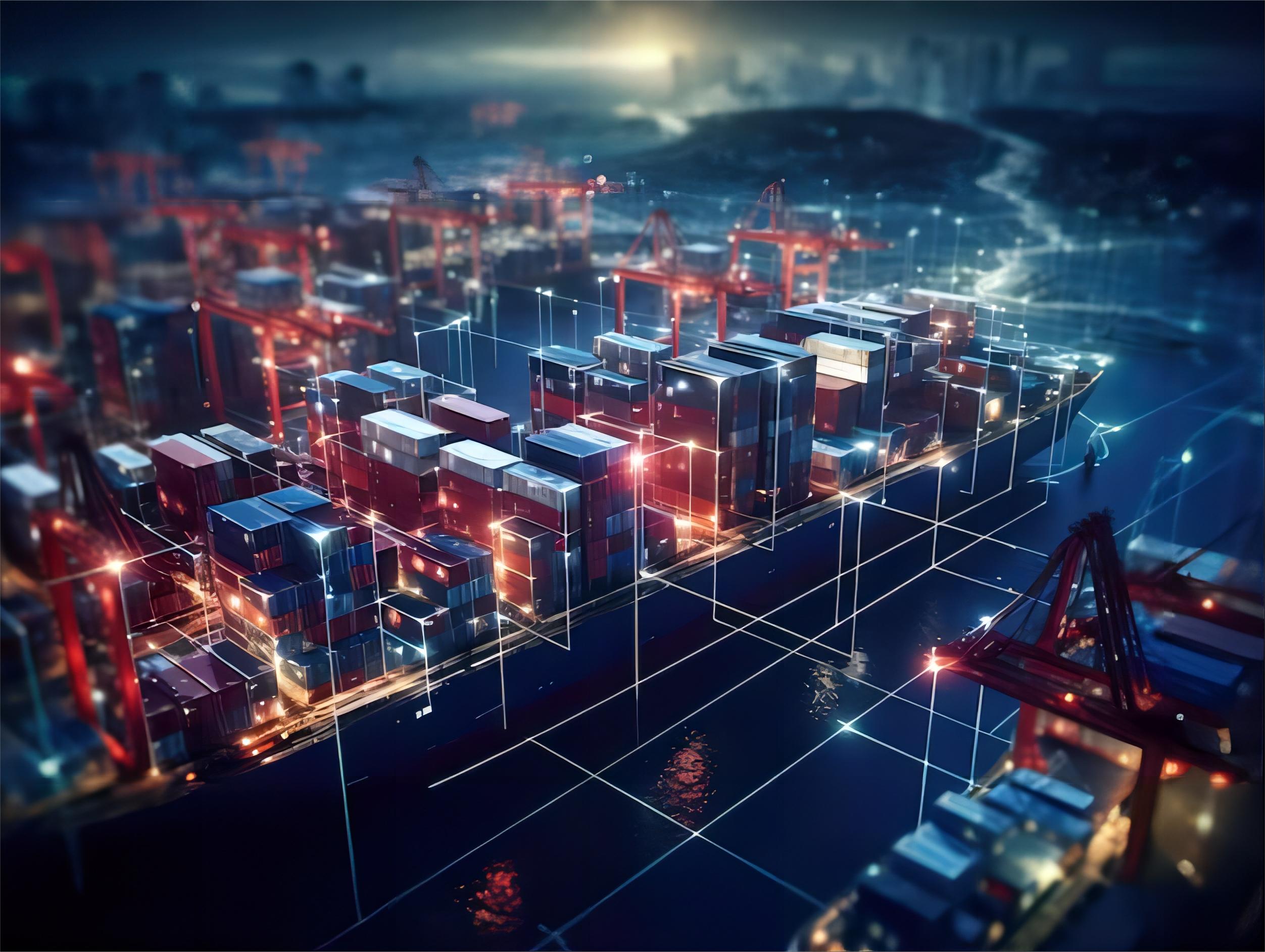 Shipping containers at a busy port, symbolizing global trade
