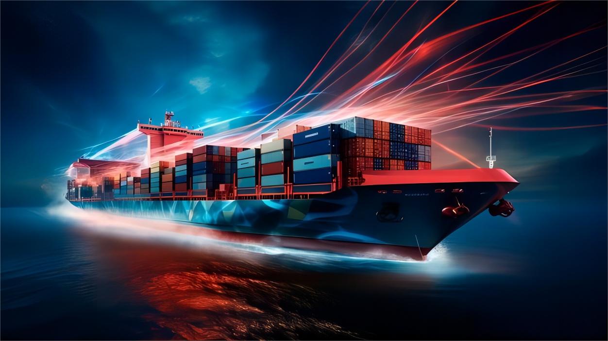 Shipping containers stacked at a busy port, illustrating global logistics