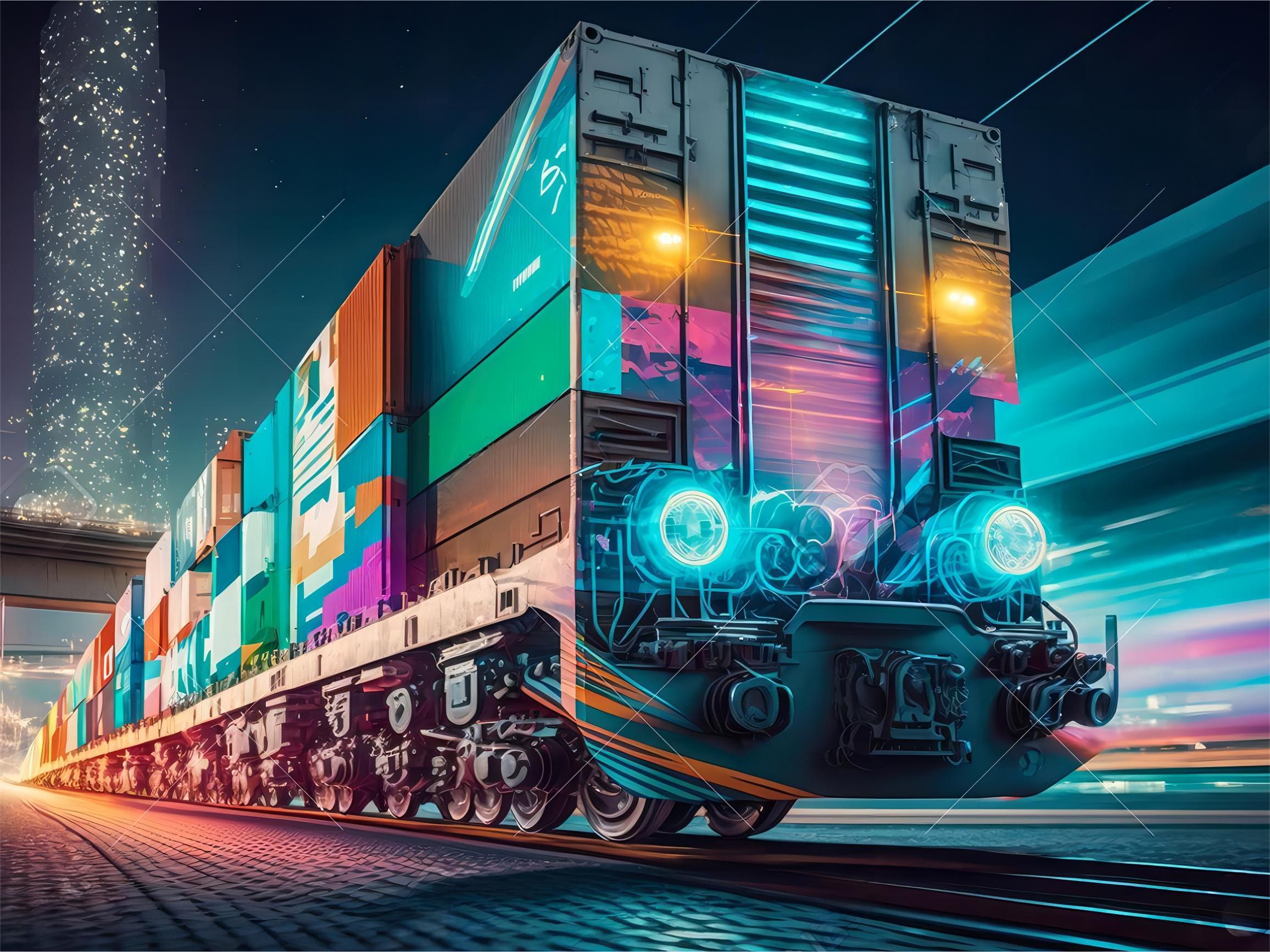 Shipping containers stacked at a port with a large cargo ship in the background