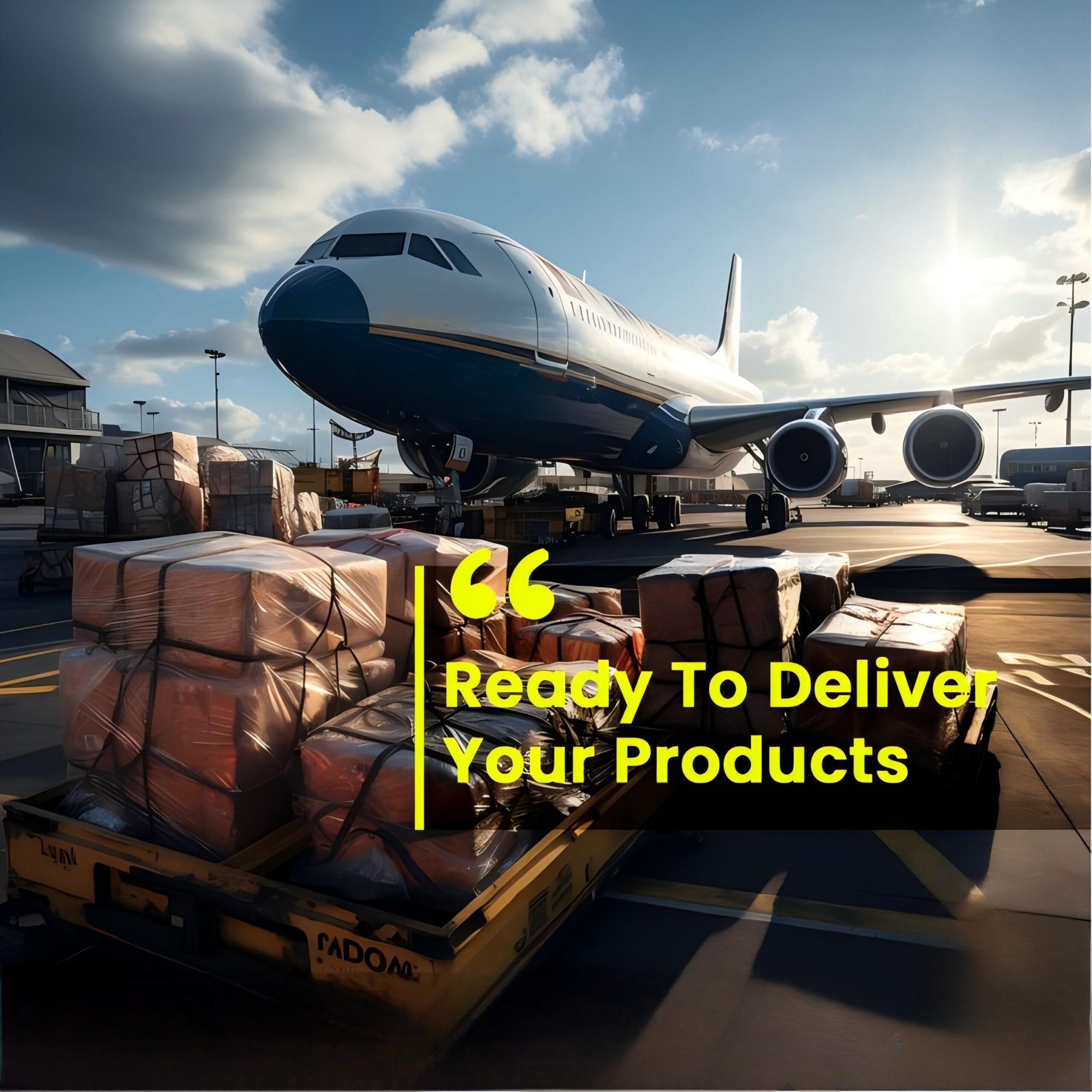 An airplane loading cargo, representing fast air freight services