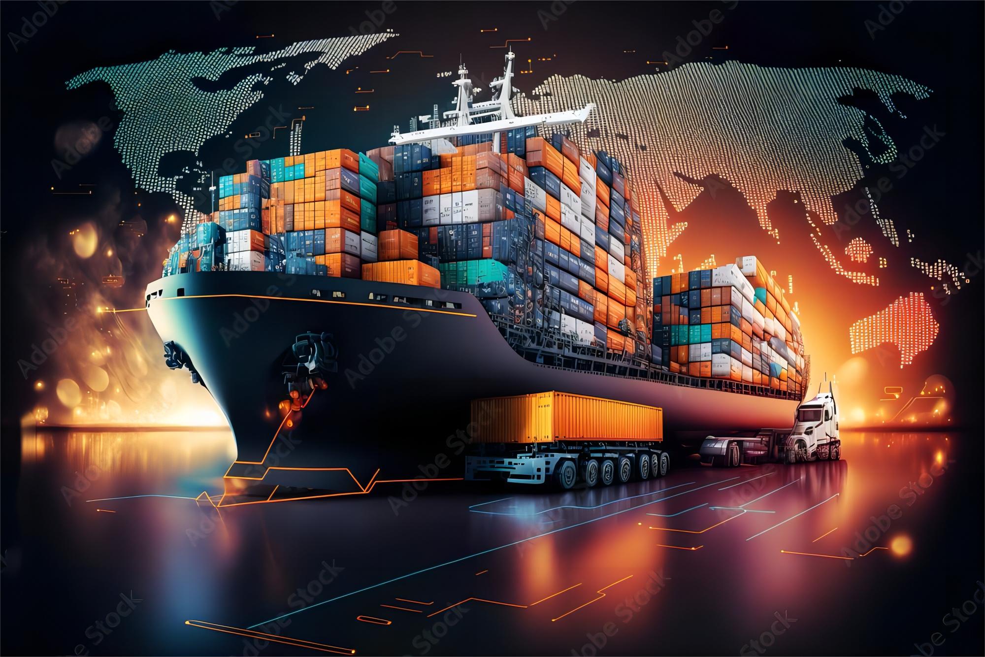 Container ships loaded with cargo at a busy port, representing global shipping