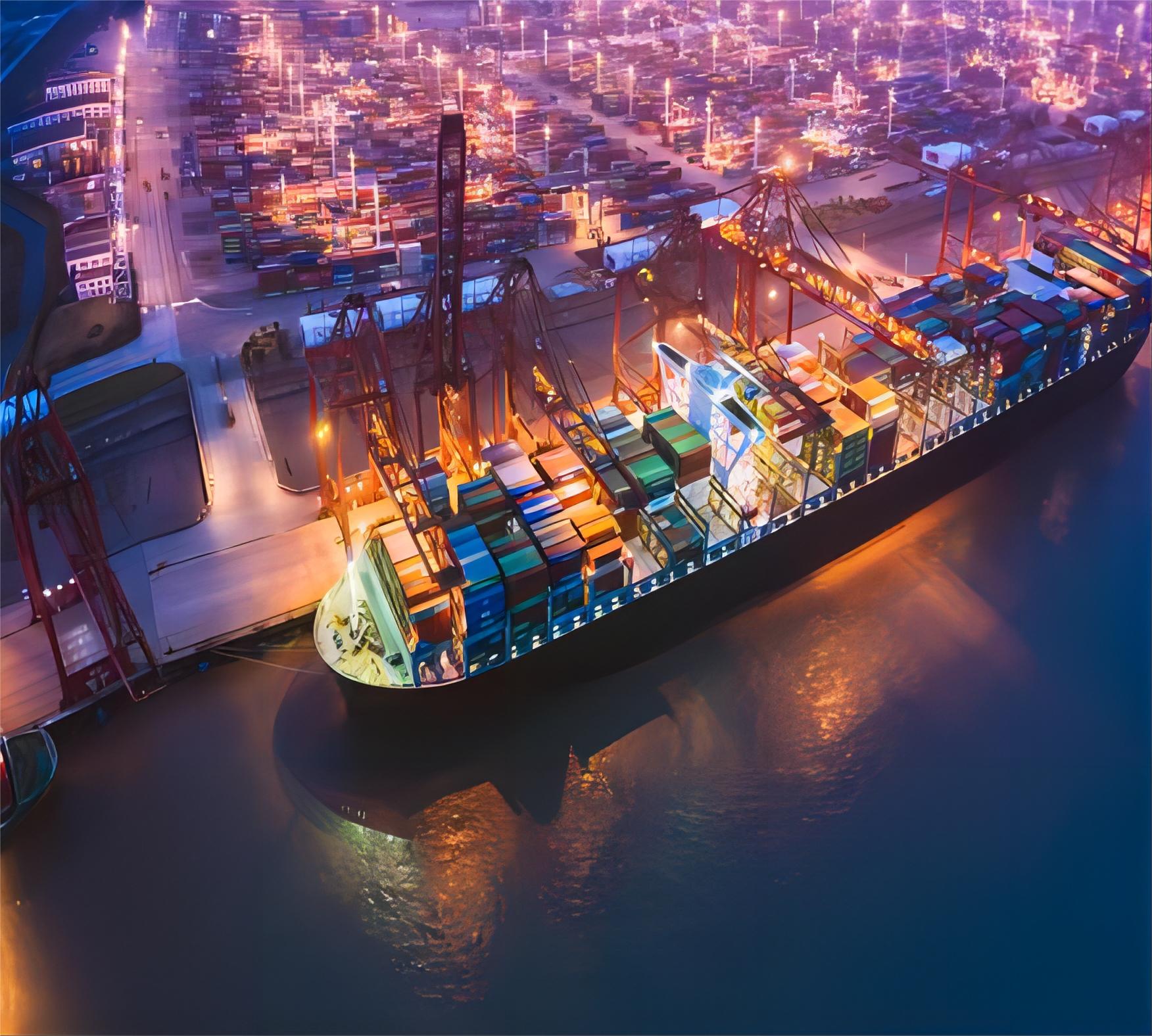 Container ship loaded with cargo sailing towards Europe