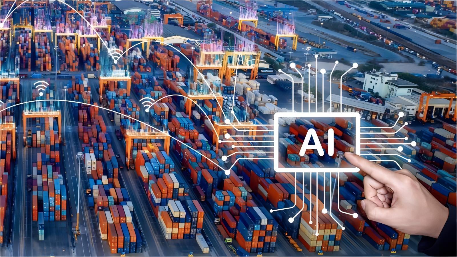 Shipping containers stacked at a bustling port, symbolizing global logistics