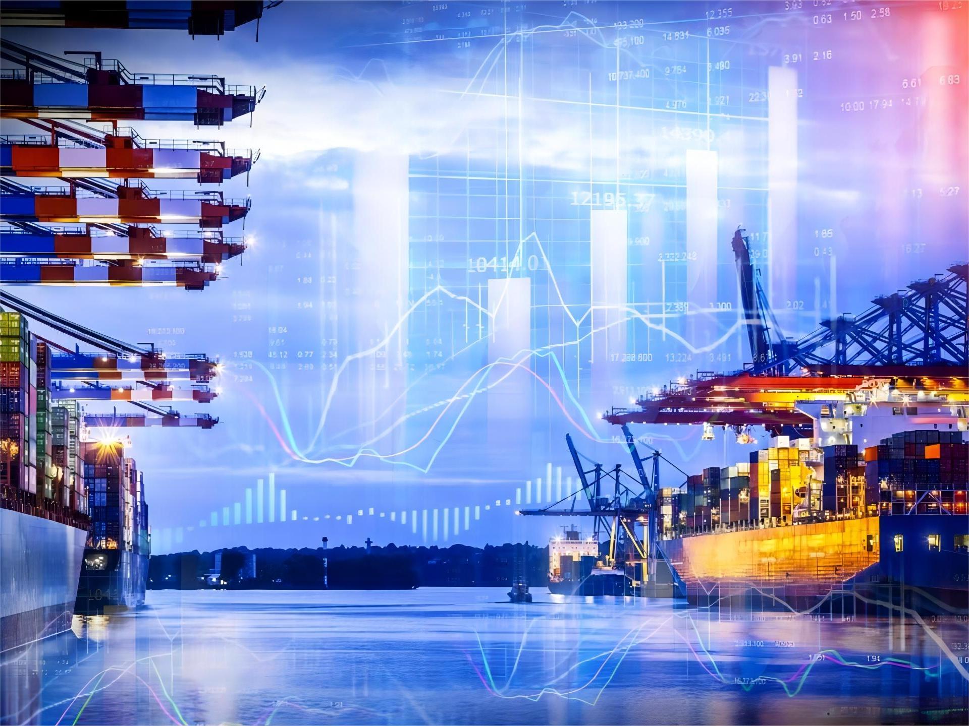 Cargo ships and containers at a busy port, symbolizing global trade routes.