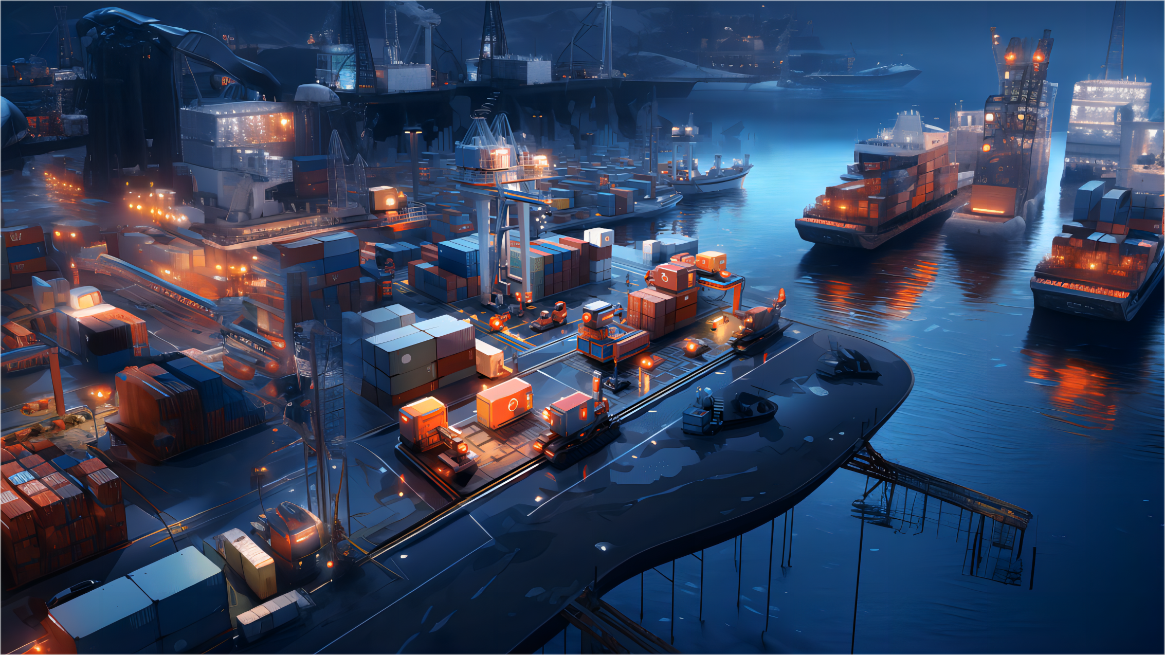 Containers being loaded onto a cargo ship at a busy port, representing international shipping.