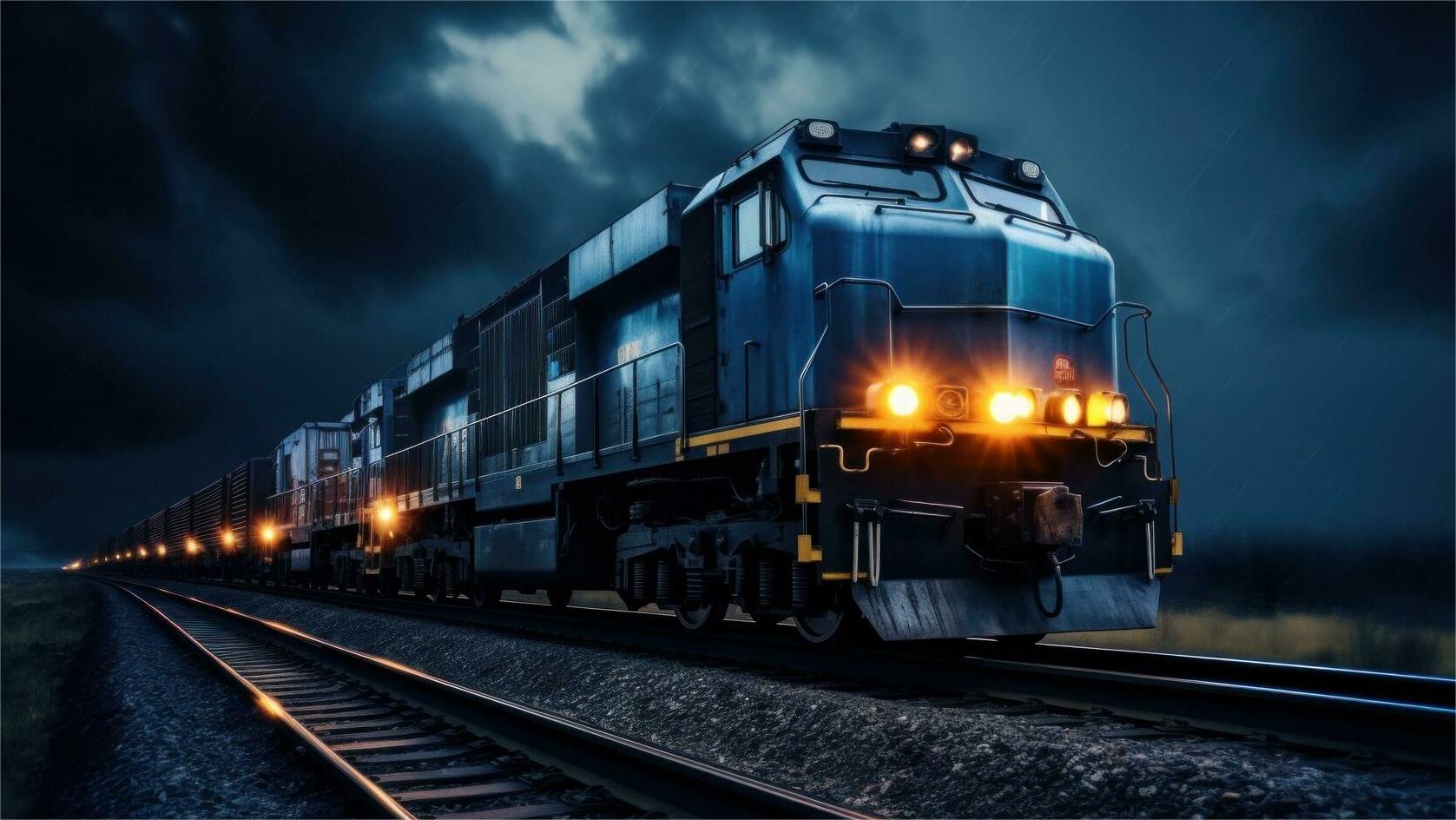 Cargo containers being loaded onto a train at a logistics hub