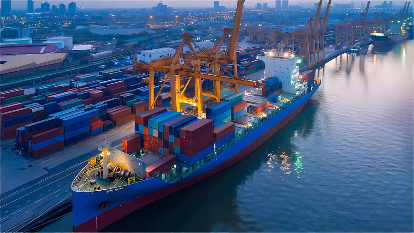 Shipping containers being loaded onto a vessel at a busy port, symbolizing global trade