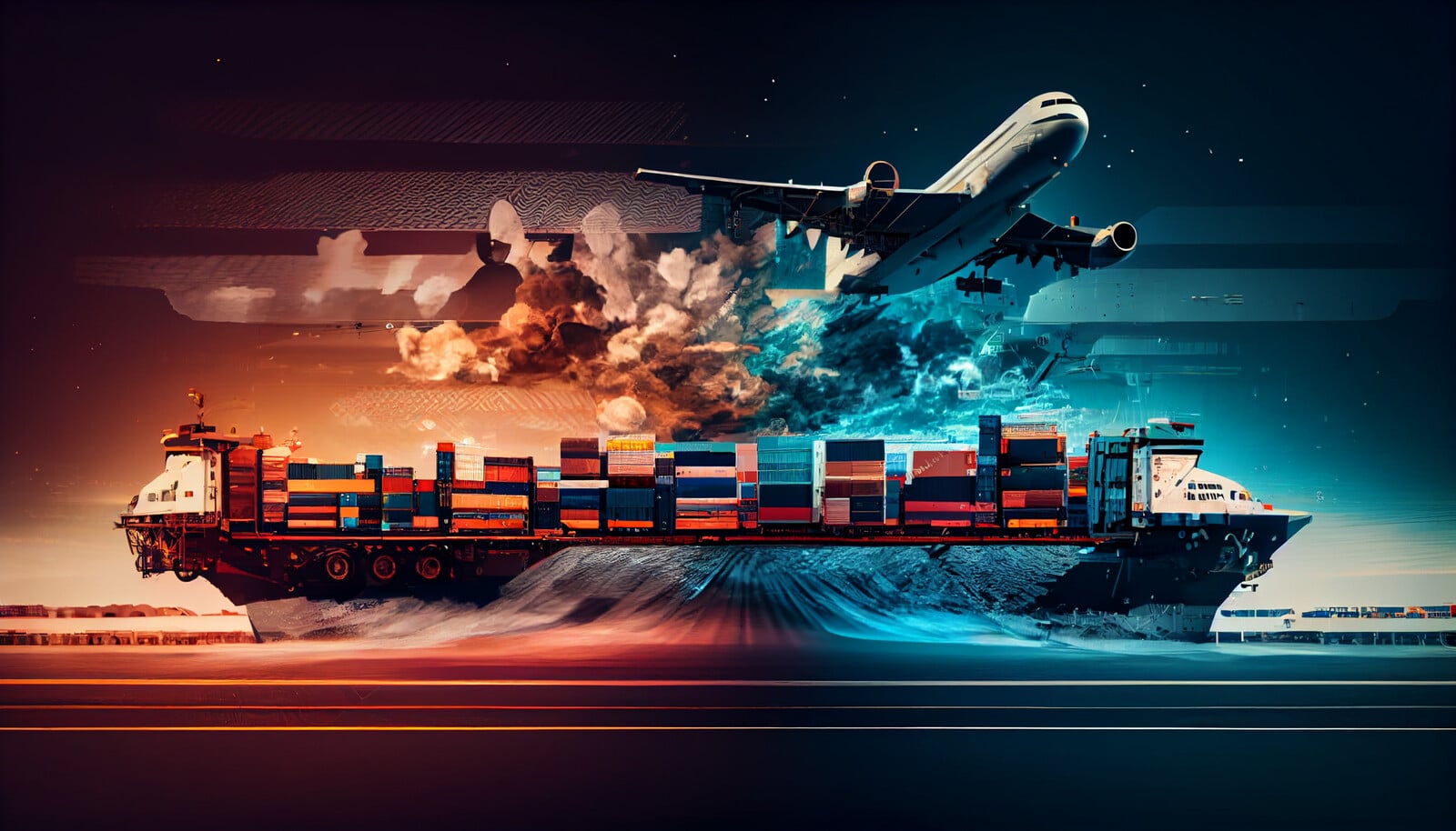 Modern freight train crossing a landscape of fields