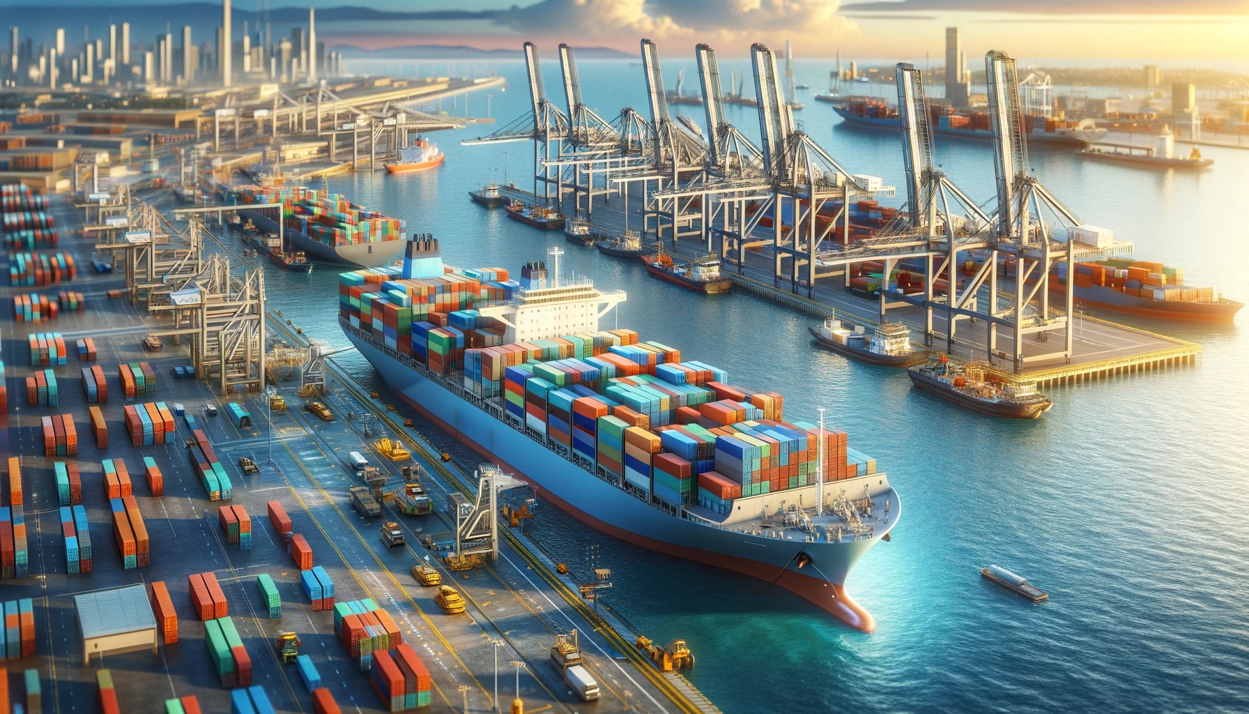 Container ship at port with cranes, representing sea freight