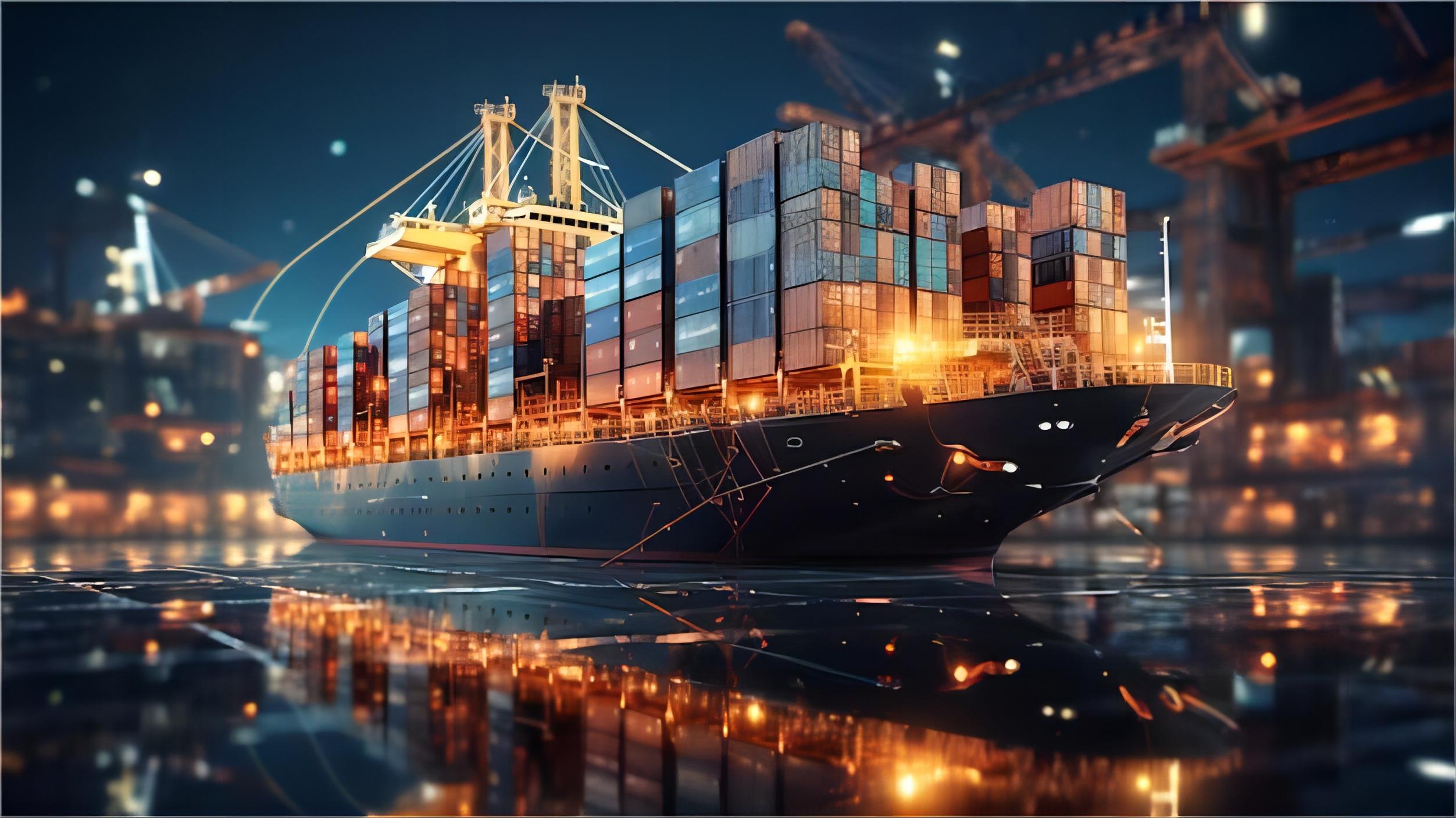 Large cargo ship carrying textile containers from China to the USA