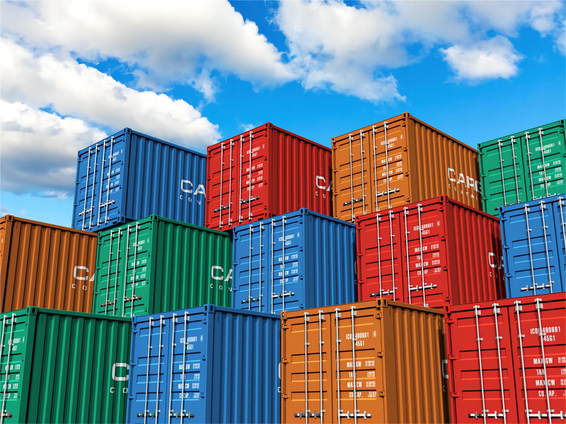 A large container ship loaded with furniture cargo departing from a Chinese port.