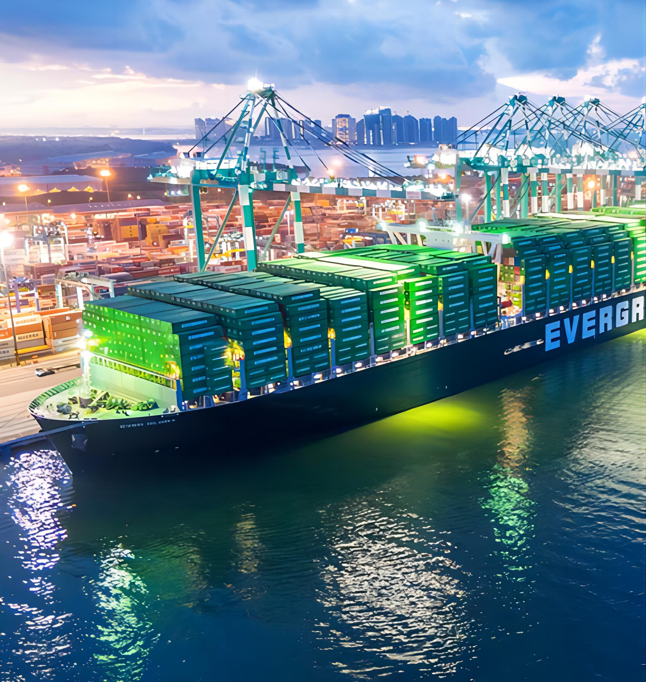 Cargo ship transporting furniture containers from China to Europe