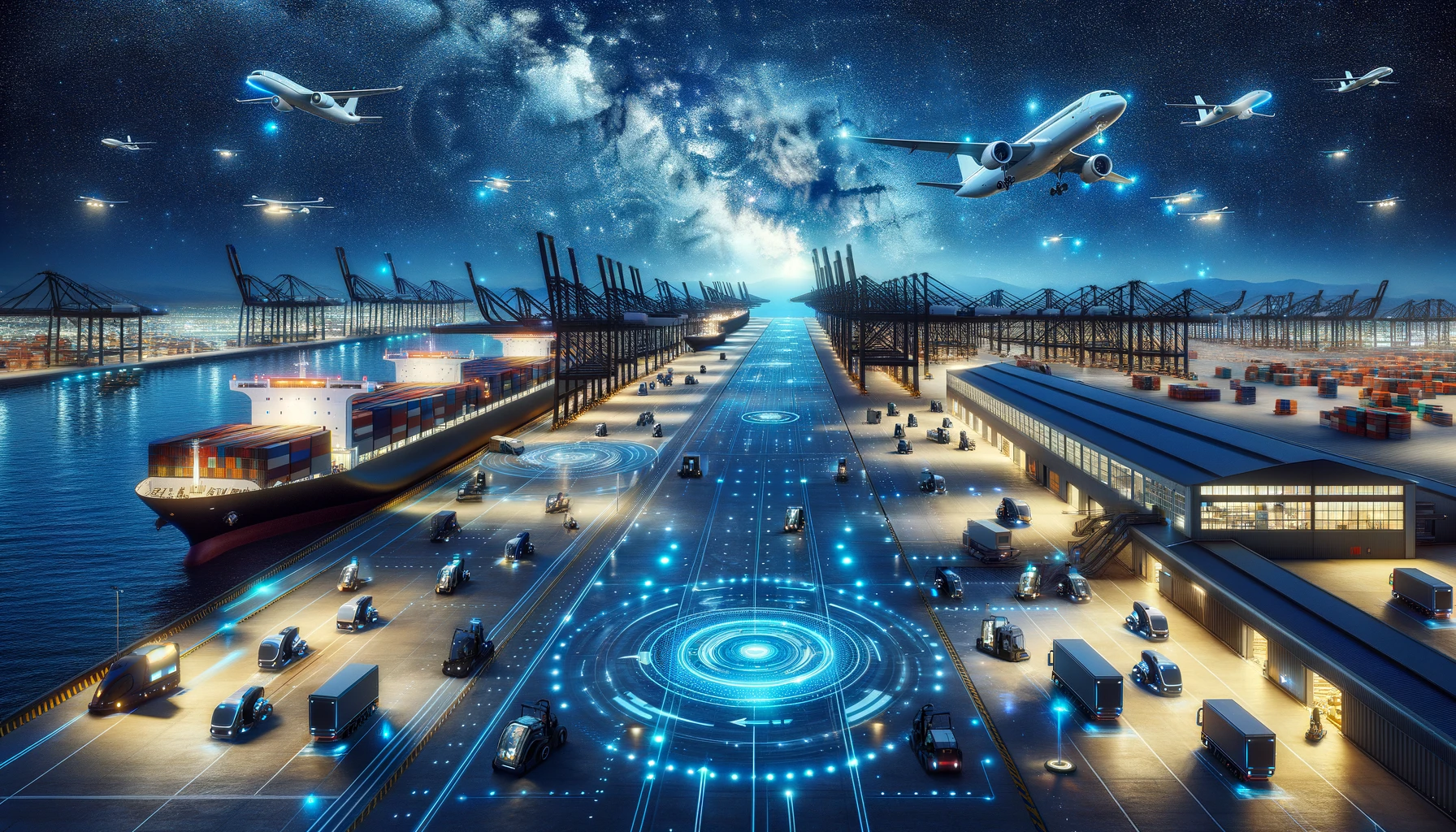 Cargo ship and rail terminal interface showing the transition of freight from sea to rail