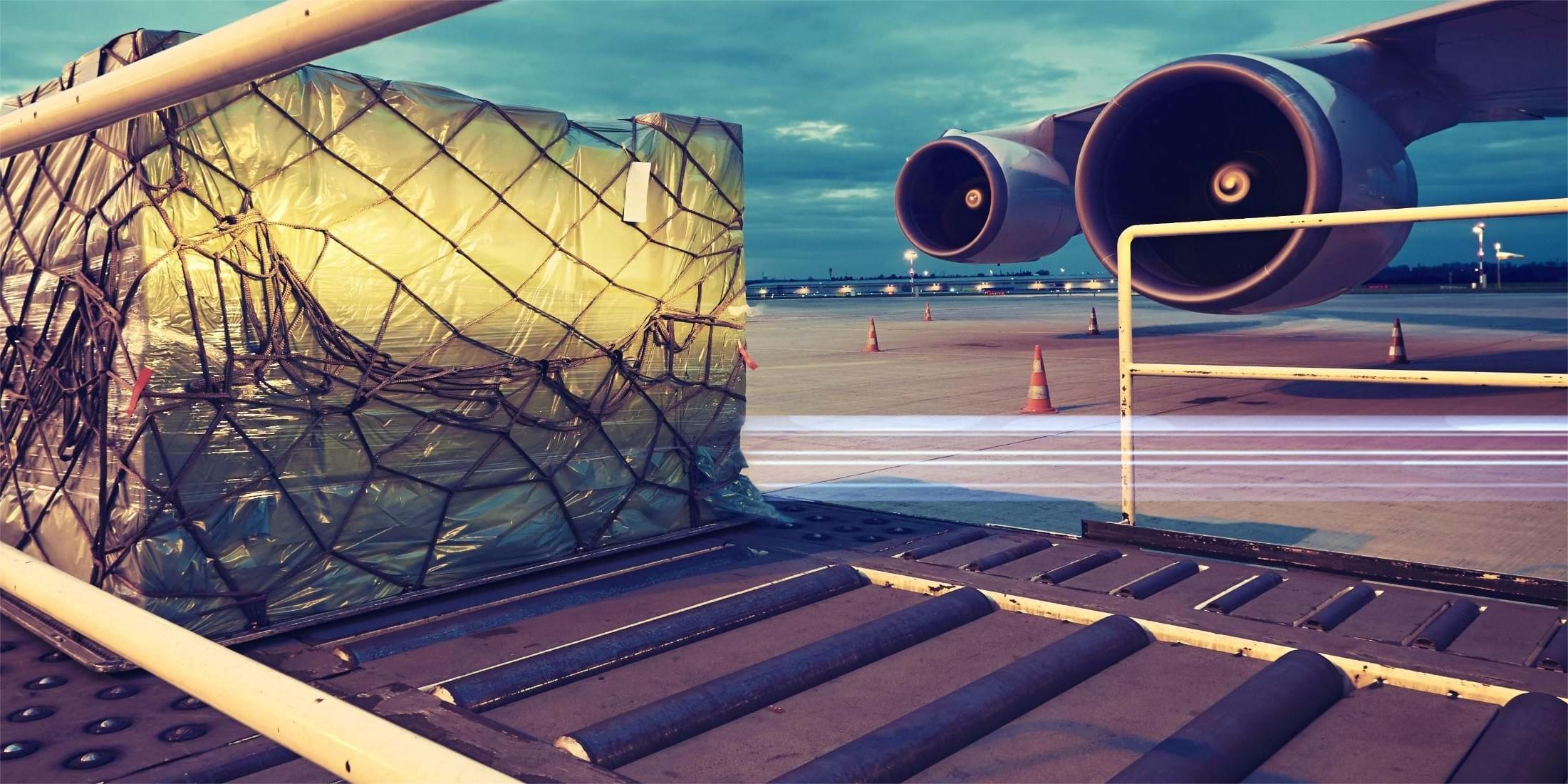 Logistics warehouse with air cargo pallets ready for international shipping