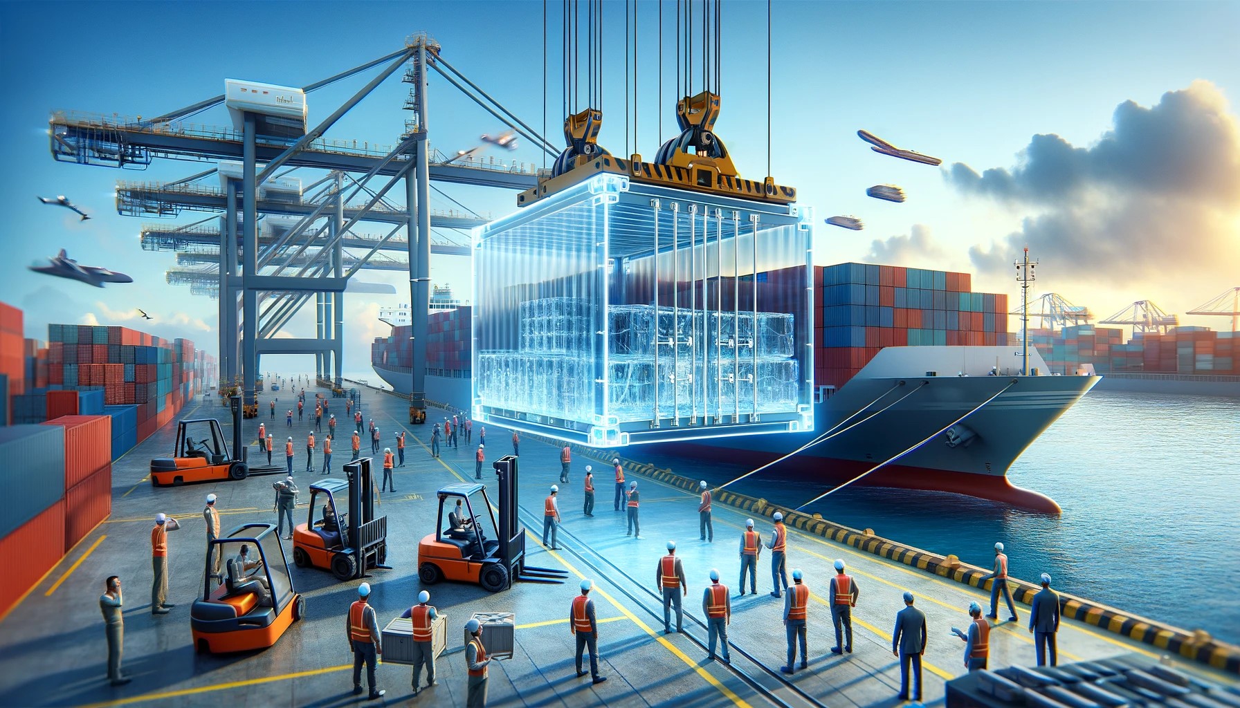 A large crane lifting a heavy crate in a European maritime terminal