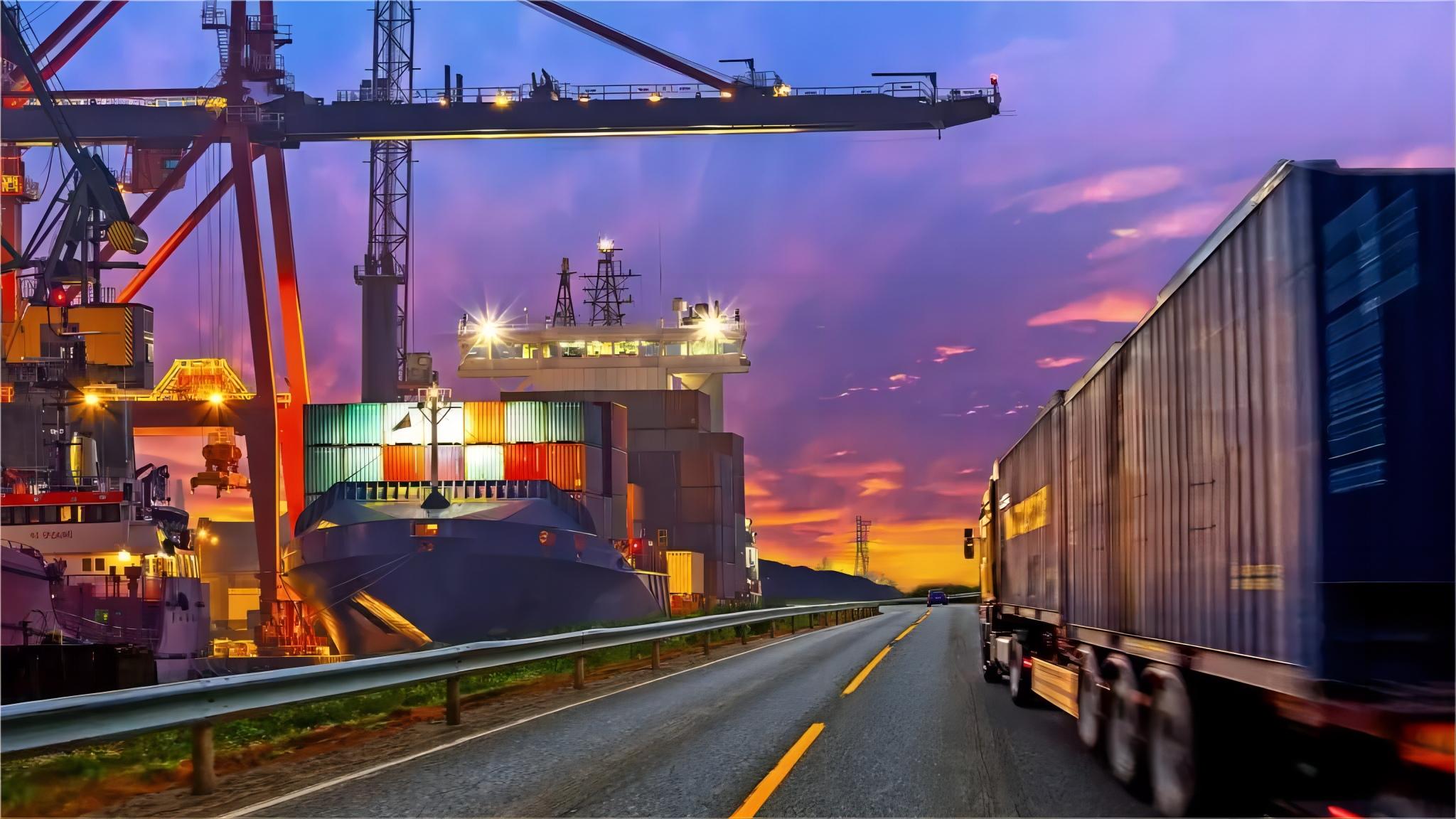 Container ship carrying machinery across the Pacific Ocean toward the United States
