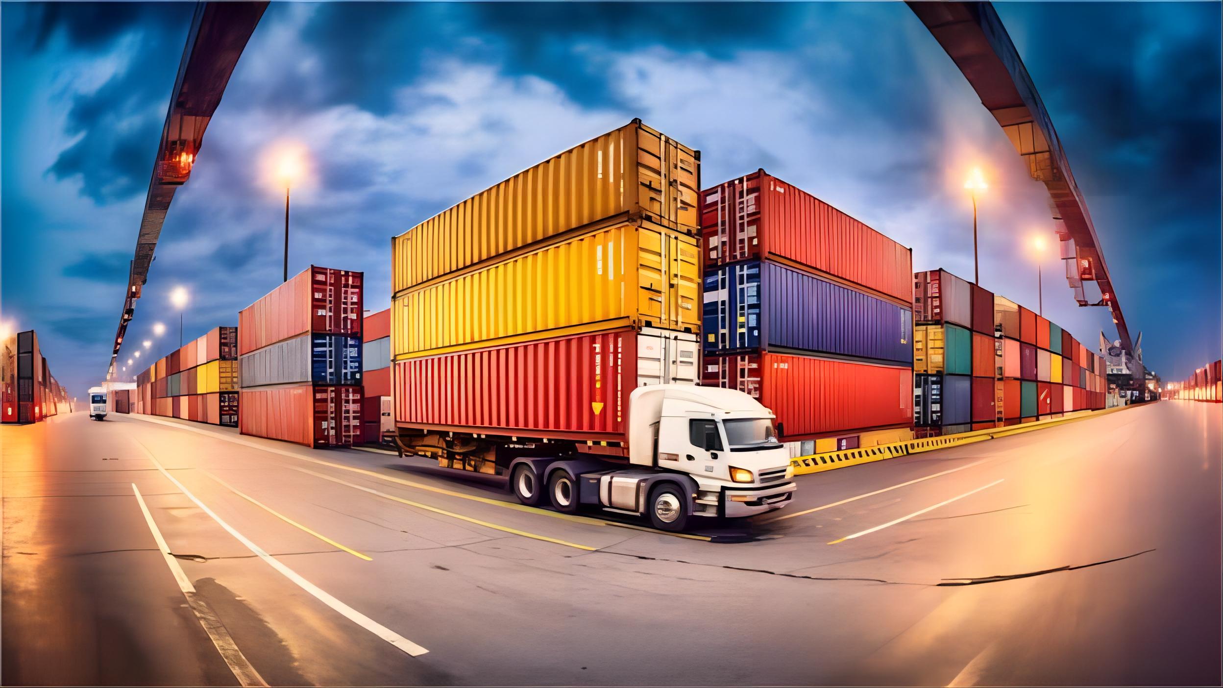 Heavy machinery loaded on a flat rack container at a shipping terminal