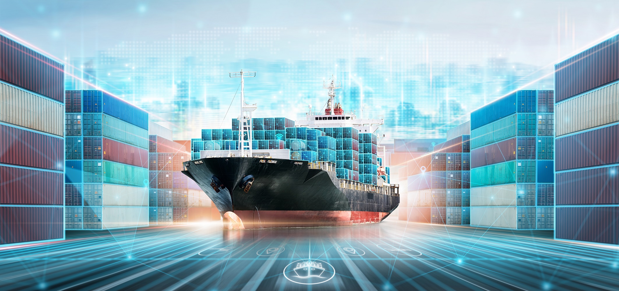 Container ship loading at a busy Chinese port for export to Europe