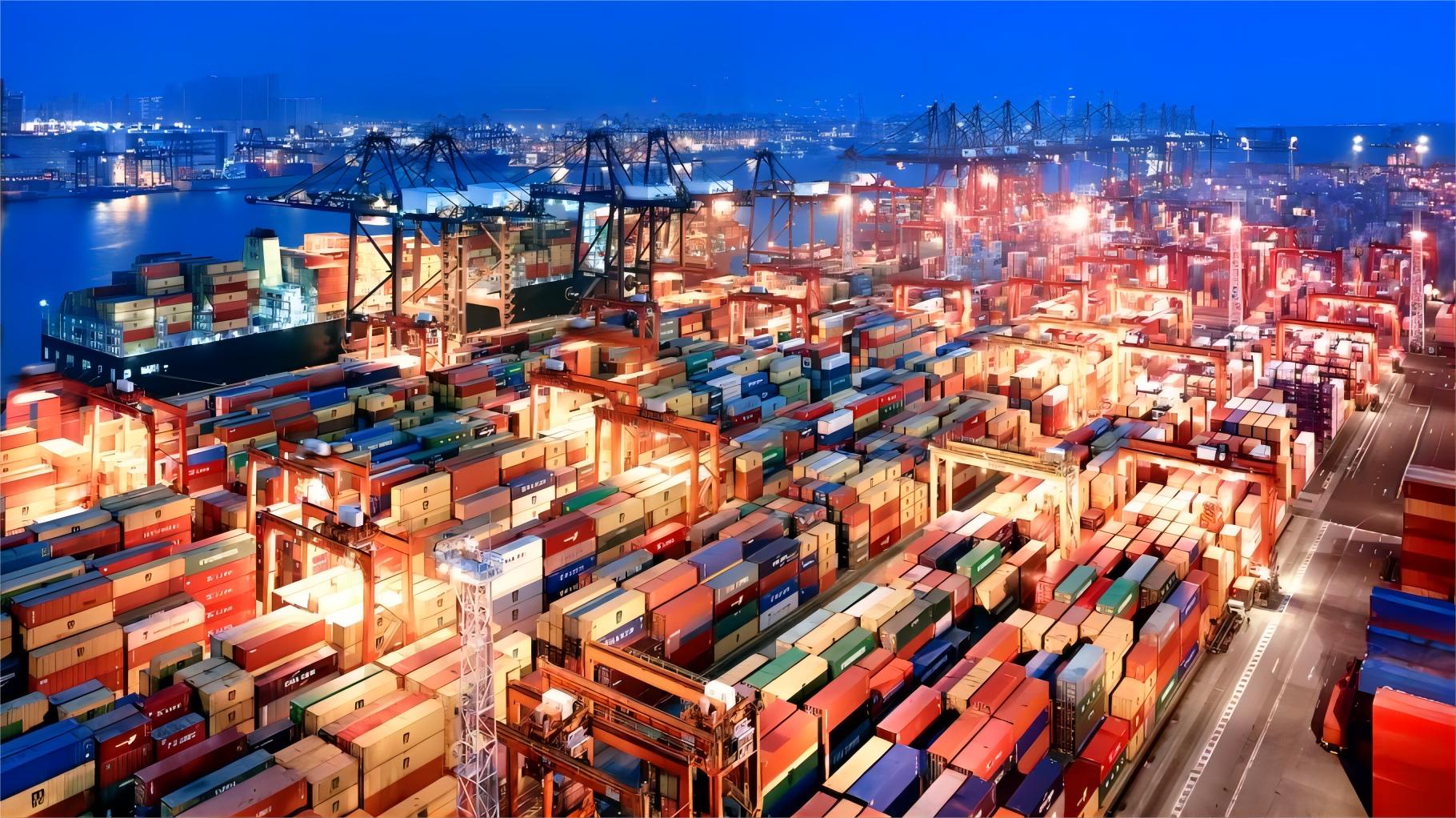 Container ship transporting sea freight from China to Denmark